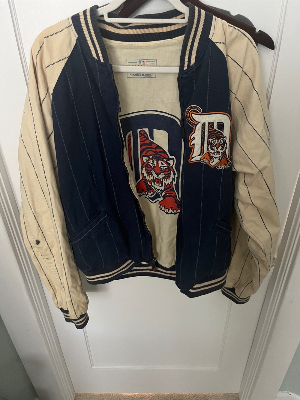 Navy and Cream Varsity Bomber Jacket with Tiger Patch